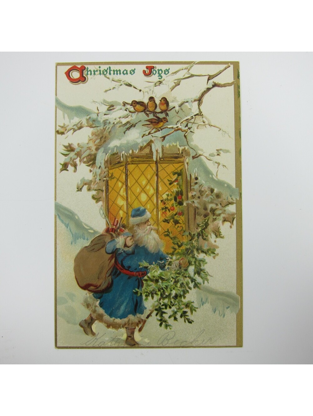 Christmas Postcard Santa Blue Suit Window Birds Snowy Holly Series 100 Antique